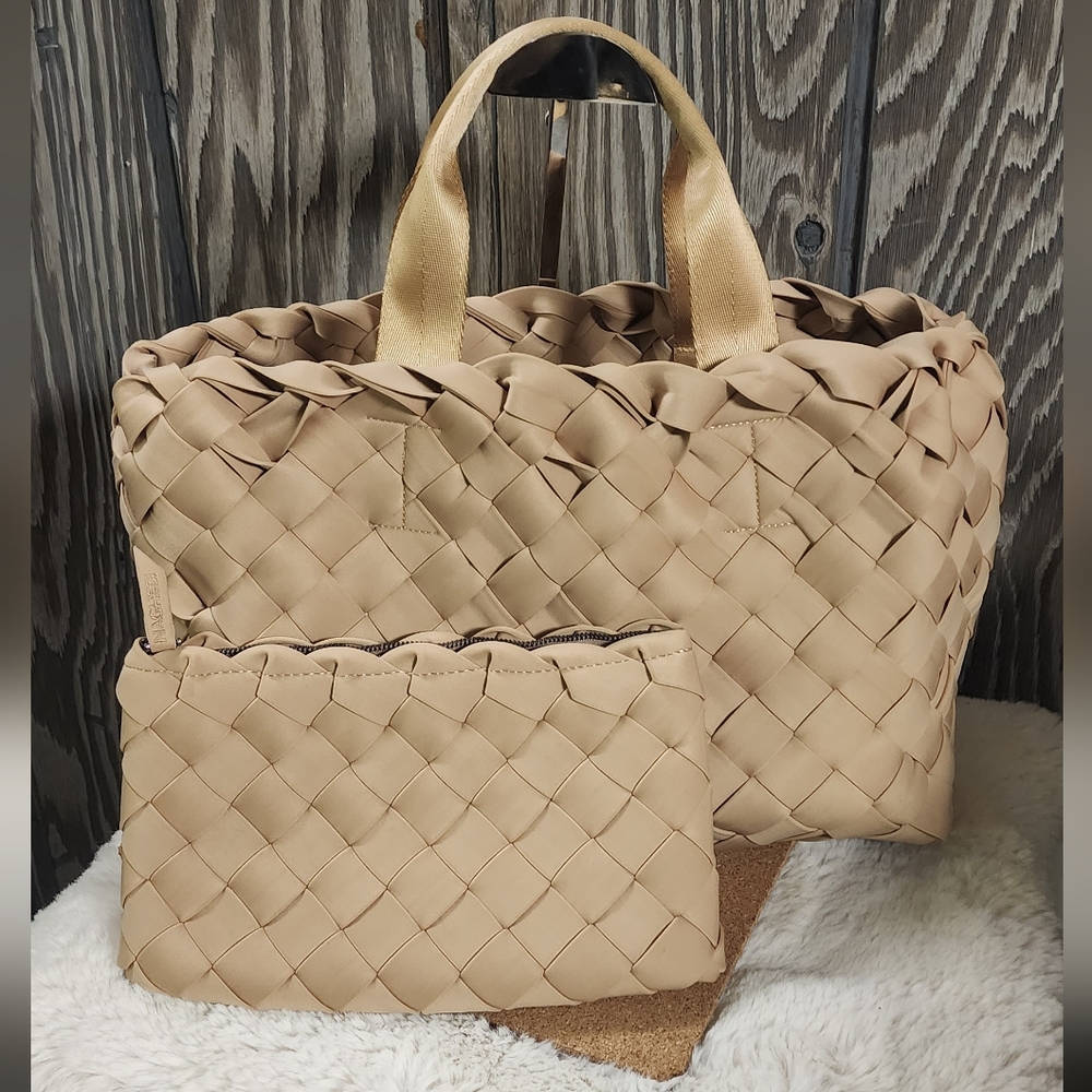 Naghedi Woven Tote and Pouch in Light Tan